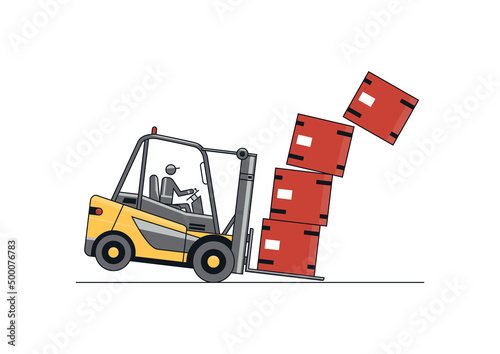 Overloading. Flat line vector design of forklift with operator and load.