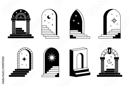Minimal surreal doors stairs. Abstract boho line arch, staircase, trendy mystic geometric art. Vector illustration