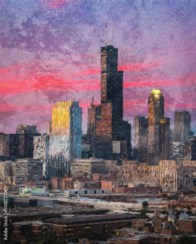 Chicago USA city center skyscrapers and architecture, America travel downtown, drawing in oil wall art print for canvas or paper poster, tourism production design real painting modern artistic artwork