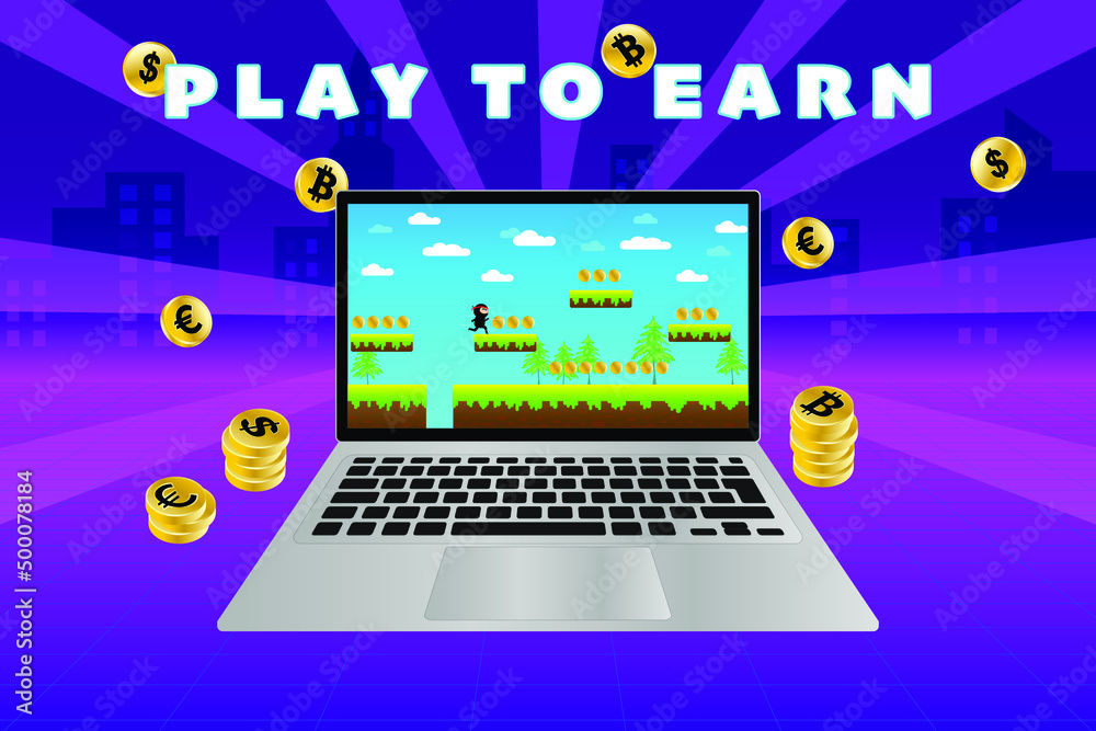 P2E, Play to Earn, NFT game concept design. Platform game design on laptop and gold cryptocurrencies on futuristic background. P2E, Play to Earn, NFT game concept design. Platform game design on laptop and gold cryptocurrencies on futuristic background.