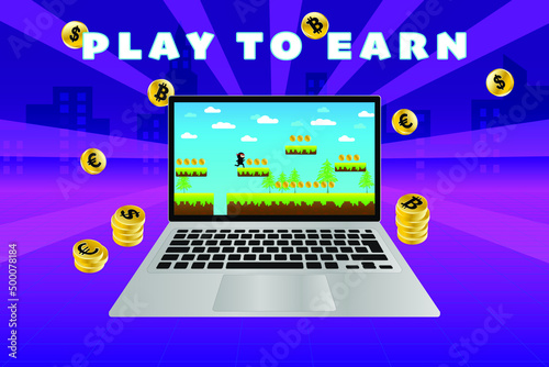 P2E, Play to Earn, NFT game concept design. Platform game design on laptop and gold cryptocurrencies on futuristic background.