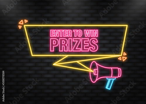 Neon Icon. Enter to win prizes megaphone yellow banner in 3D style on white background. Vector illustration