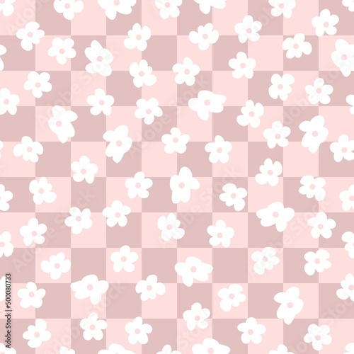 Fototapeta Naklejka Na Ścianę i Meble -  Checkers seamless pattern with simple flowers in 1970s style. Floral background for T-shirt, poster, card and print. Doodle vector illustration for decor and design.