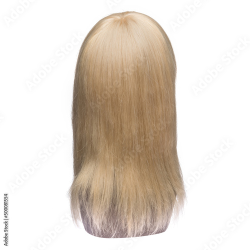 Natural hair wig on a mannequin on a white isolated background. Blonde, long straight hair. Back view