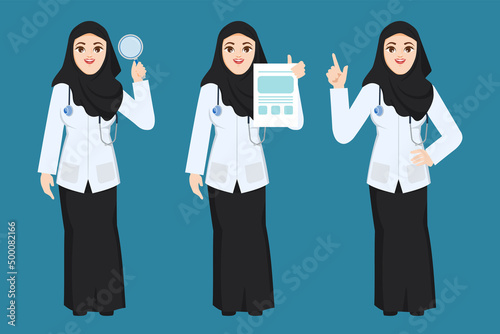 Arab woman doctor in hijab poses and actions. Muslim female doctor. Arabian hospital concept.