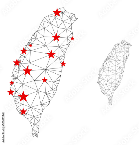 Polygonal mesh Taiwan Island map with red star centers. Abstract network connected lines and stars form Taiwan Island map. Vector wireframe 2D polygonal network in black and red colors. photo