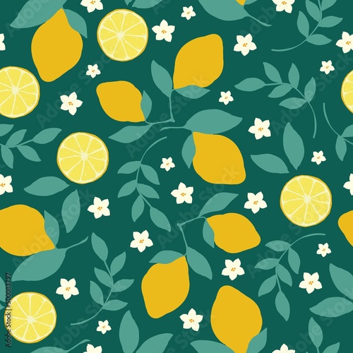 Seamless vintage pattern. ripe lemons and white flowers  green leaves. Dark green background. vector texture. a trendy print for textiles and wallpaper.