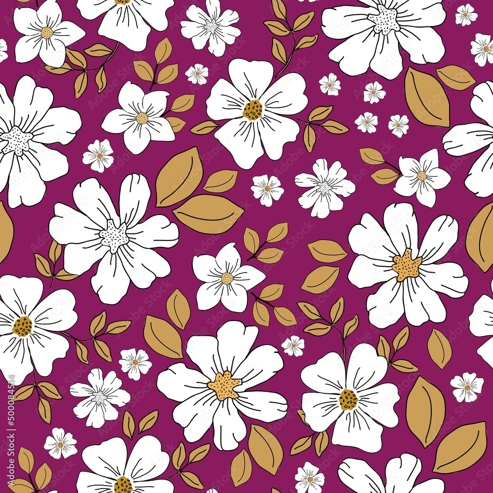 Seamless vintage pattern. White flowers, golden leaves. Burgundy background. vector texture. fashionable print for textiles, wallpaper and packaging.
