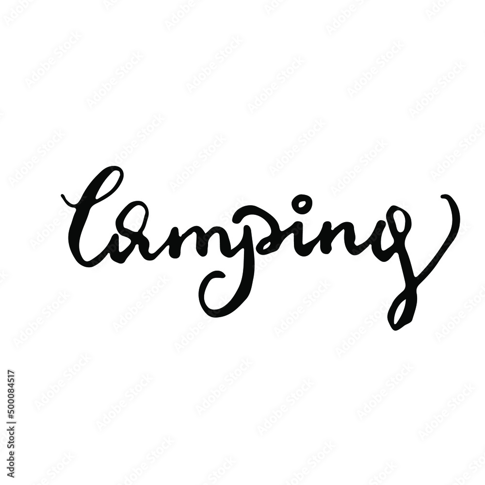 Camping lettering hand drawn text. Outdoor travel sketch icon. Camping lettering hand drawn text. Outdoor travel sketch icon.