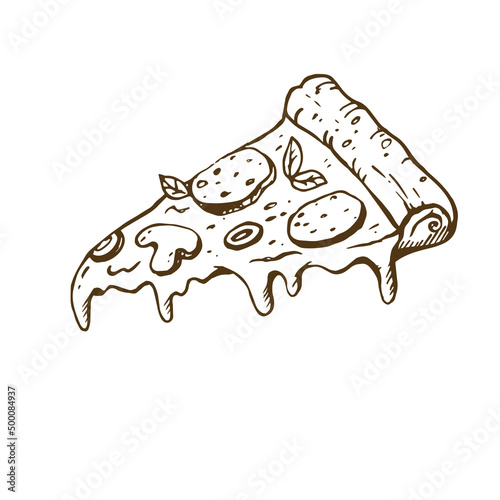 Hand drawn sketch pizza slice. Pizza with salami,mushrooms, basil leaf and melted cheese for pizzeria package and menu designs. Vector illustration.
