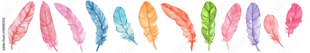Set of colorful bird feathers isolated on white. Watercolor illustration. Perfect for wedding invitations, cards, tickets, congratulations, branding, logo label, emblem. Set of colorful bird feathers isolated on white. Watercolor illustration. Perfect for wedding invitations, cards, tickets, congratulations, branding, logo label, emblem.
