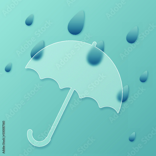 Icon in glass morphism style. Transparent umbrella with rain drops. Vector illustration.