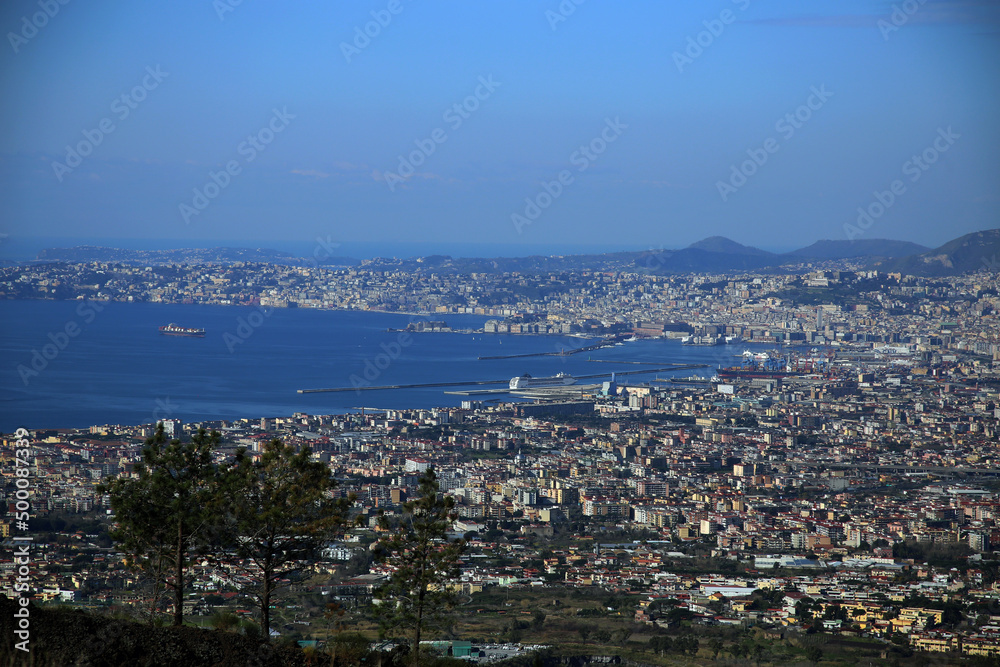 Top view of the city and the blue Gulf of Naples, seen from Vesuvius, Naples, Campania, Italy