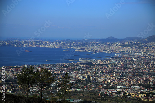 Top view of the city and the blue Gulf of Naples, seen from Vesuvius, Naples, Campania, Italy