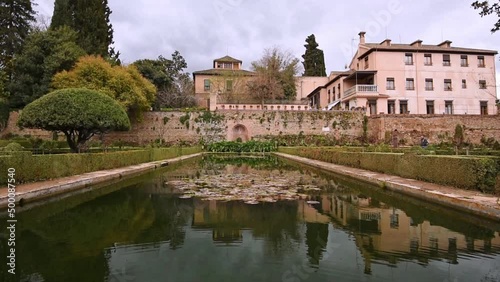 Beautiful pond in the gardens of Alhambra, Granada Spain Jardines del Paraiso