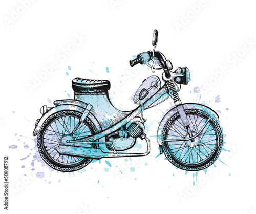 Vintage motorcycle on background of watercolor splashes. Vector hand drawn illustration of black motorbike in engraving style with blue and purple paint stains and splatter