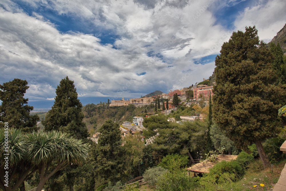 Panorama of the touristic city of Taormina, located in eastern Sicily.
