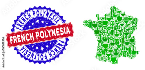 Vector combination of wine France map with grunge bicolor French Polynesia stamp. Red and blue bicolored watermark with grunge surface and French Polynesia word.