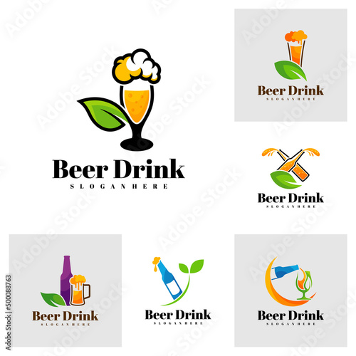Set of Beer drink with Leaf logo design vector, Creative Beer drink logo design Template Illustration