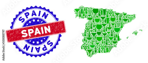 Vector collage of wine Spain map and grunge bicolor Spain stamp. Red and blue bicolored stamp with corroded texture and Spain word. Spain map collage is designed with wine glasses,