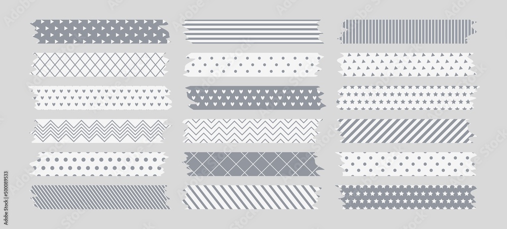 Sticky washi tapes with torn edges. Collection of white and gray ribbons with abstract geometric patterns. Scrapbooking vector illustration.