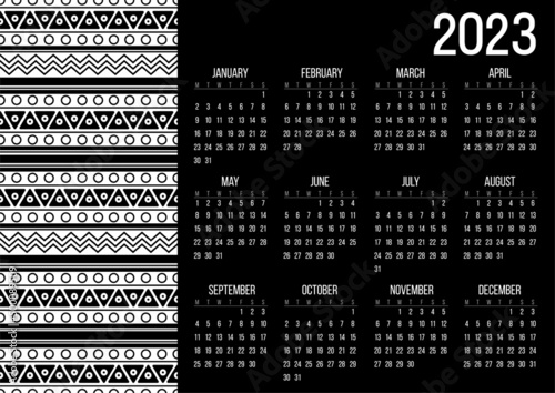 Calendar 2023. Vector, Scandinavian folk style. Flowers. 