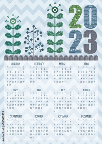 Calendar 2023. Vector, Scandinavian folk style. Flowers. Flat style.