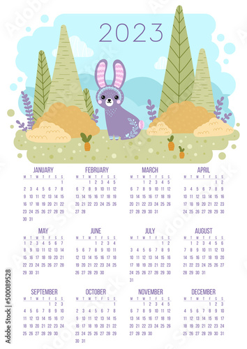 Calendar 2023. Vector, Scandinavian folk style. Flowers. Flat style.