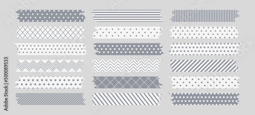 Sticky washi tapes with torn edges. Collection of white and gray ribbons with abstract geometric patterns. Scrapbooking vector illustration.