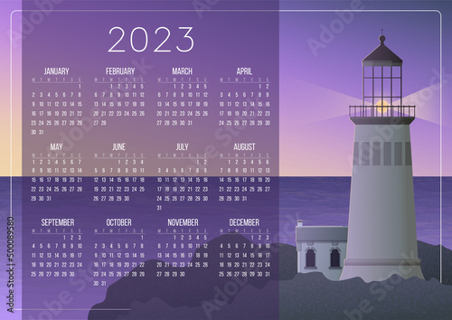 Calendar 2023. Vector, flat style. Landscape, lighthouse, sunset. Gentle colors.
