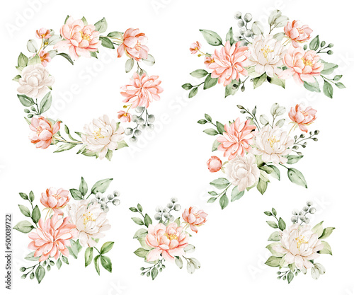 Floral set watercolor flowers hand painting, vintage bouquets with pink and white peonies. Decoration for poster, greeting card, birthday, wedding design. Isolated on white background.