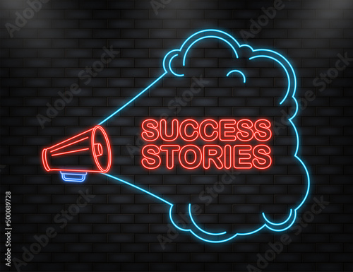 Success stories megaphone yellow banner in 3D style on white background. Vector illustration.