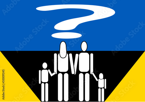 Familia refugiada ucraniana frente a un futuro en Ucrania incierto. Bandera de Ucrania con la silueta de una familia con niños frente a un futuro incierto