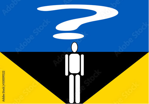 Futuro incierto para los refugiados ucranianos. Bandera de Ucrania con la silueta de una persona y una interrogación blanca en el cielo