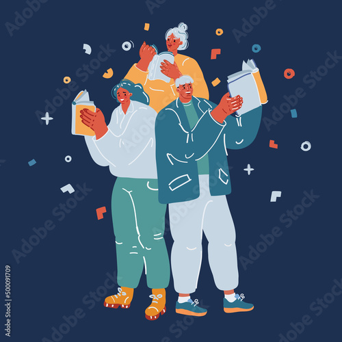 Cartoon vector illustration of Group of people enjoyed reading books together. Bookcrossing