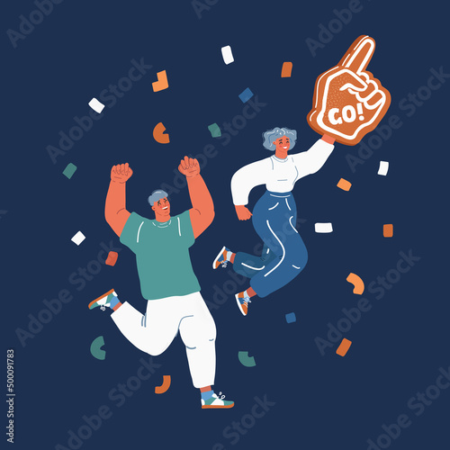 Cartoon vector illustration of couple of people jumping high active way of life celebrating first win place competition