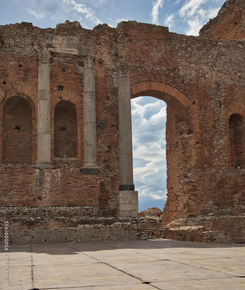 The ancient Greek-Roman theater of Taormina, a tourist city in Sicily.