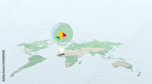 World map in perspective showing the location of the country Mali with detailed map with flag of Mali.