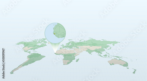 World map in perspective showing the location of the country Guinea-Bissau with detailed map with flag of Guinea-Bissau.