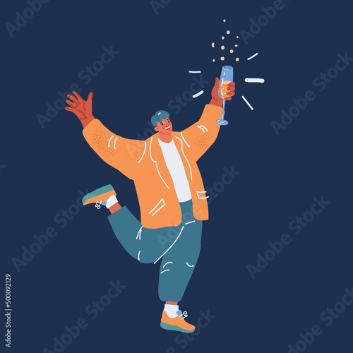 Cartoon vector illustration of man cheering with glasses of champagne.