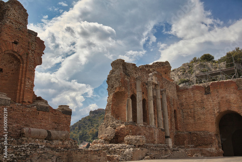 The ancient Greek-Roman theater of Taormina, a tourist city in Sicily.