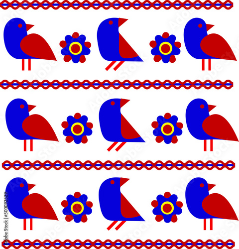 folk ornament of flowers, birds and shapes. Artistic abstract colorful background. backdrop template for captions. Folk seamless pattern fabric jacquard ribbon trims. Vector illustrations