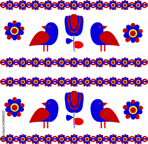 folk ornament of flowers, birds and shapes. Artistic abstract colorful background. backdrop template for captions. Folk seamless pattern fabric jacquard ribbon trims. Vector illustrations