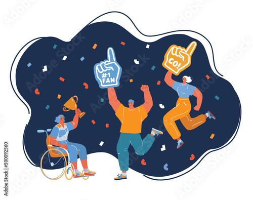 Cartoon vector illustration of woman in wheelchair with winner cup and her fan club