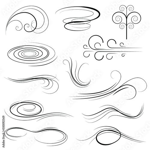 Big Set Black Collection Simple Line Winds Gust Squall Curl Doodle Outline Nature Element Vector Design Style Sketch Isolated Illustration