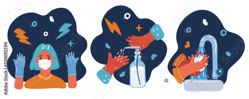 Cartoon vector illustration of hygiene promotion with wearing a face mask, sanitizing with alcohol and washing your hands