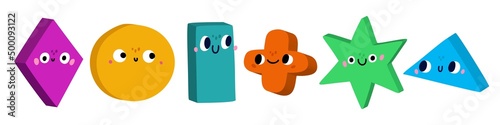 3D geometric shapes emotions. Basic cute draw figures. Cartoon educational smiling characters. Isolated abstract squares and rounds with funny faces. Vector happy polygonal baby objects set