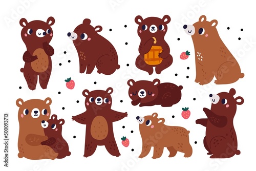 Cartoon brown bear. Funny forest animals. Predatory mammals with honey and berries. Characters in different poses and actions. Cute mother and child. Woodland fauna. Vector grizzlies set