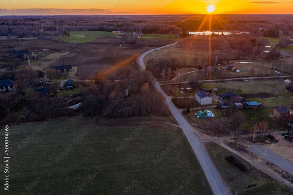 Fototapeta premium Rural Countryside Farmland Fields in Sunset