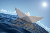 paper boat on curved ocean surface with horizon